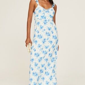 Rixo Blue White Floral Ruffle Strap Midi Sundress Sweetheart Neck Sleeveless S